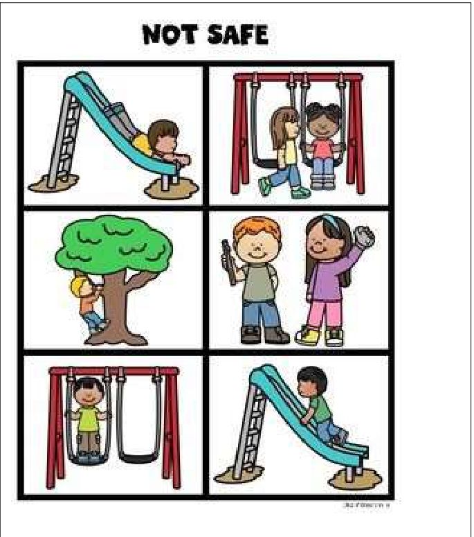 Affiche « NOT SAFE » : six scènes illustrées de comportements dangereux au terrain de jeux à identifier